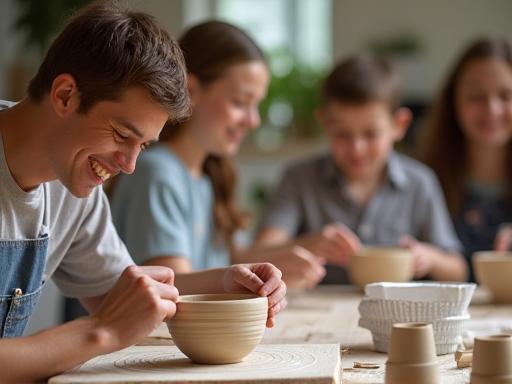 Group enjoying pottery painting at a party